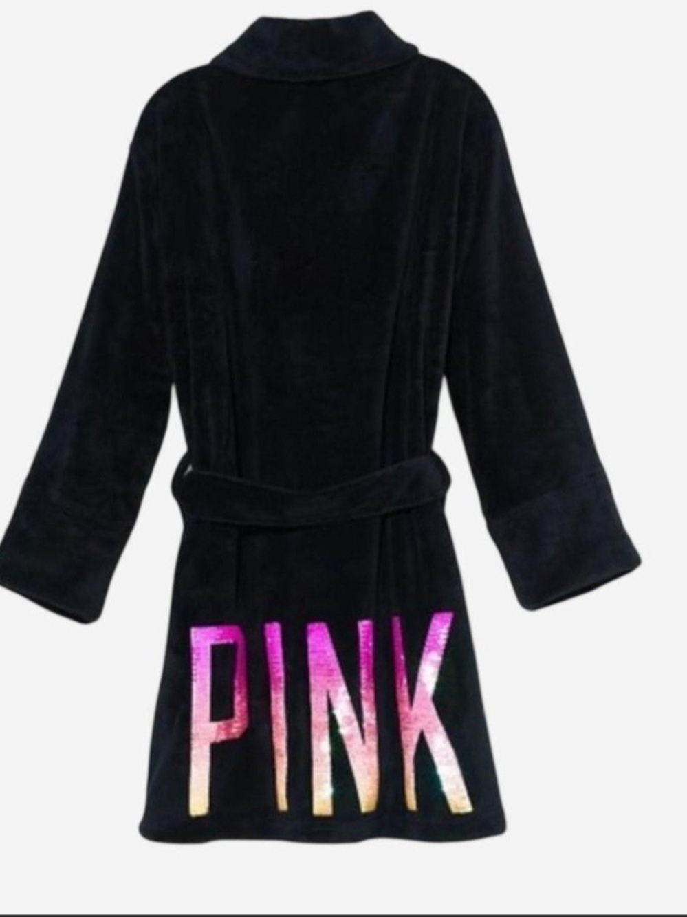 PINK Victoria's Secret Girls' Black Velour Robe with Ombre Glitter Logo M/L